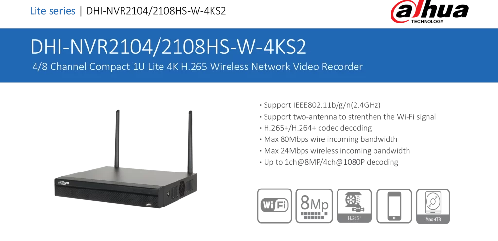دستگاه NVR داهوا مدل DHI-NVR2104HS-W-4KS2 – ضبط‌کننده ویدئویی بی‌سیم ۴ کانال با پشتیبانی از 4K و H.265+